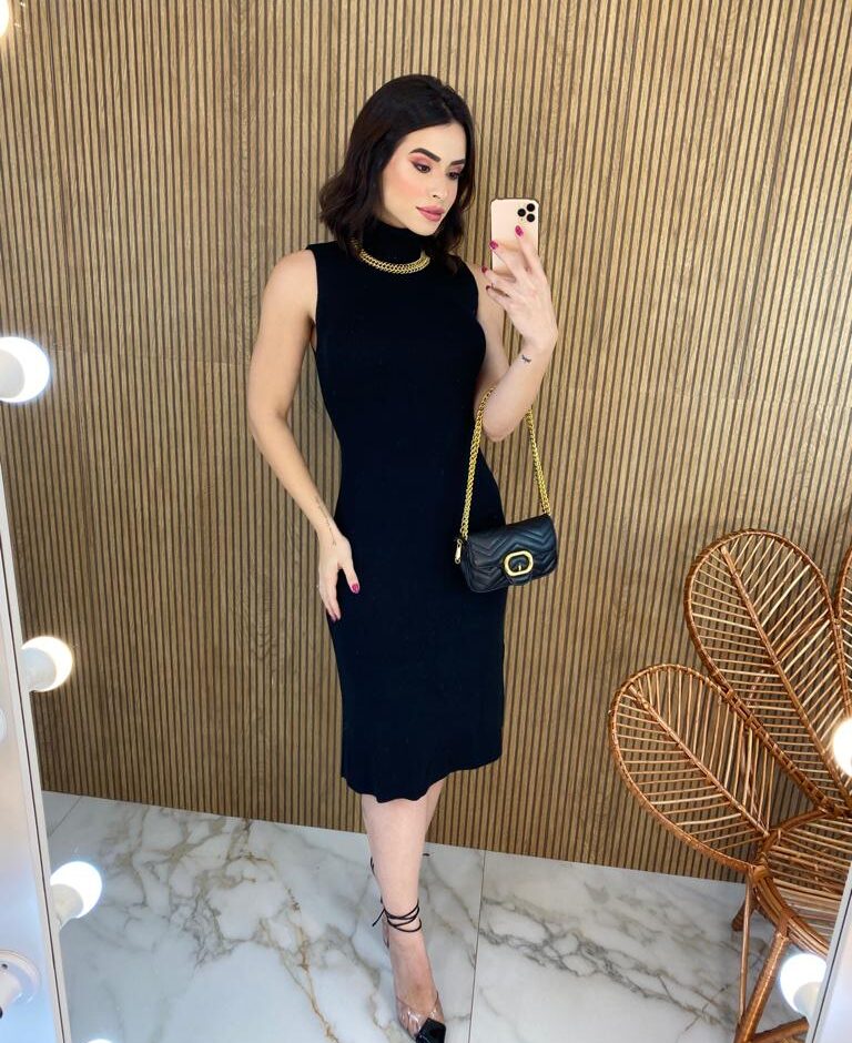 Vestido Feminino Midi Tricot Manu com Gola Preto - Fernanda Ramos Store