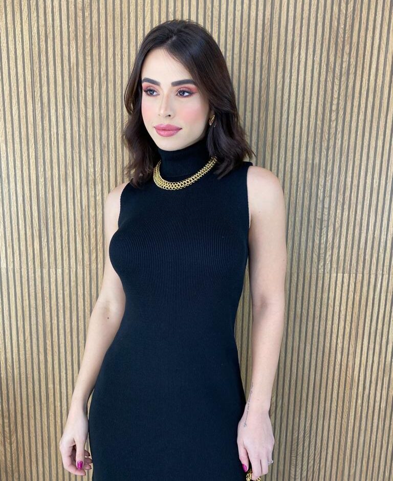 Vestido Feminino Midi Tricot Manu com Gola Preto - Fernanda Ramos Store