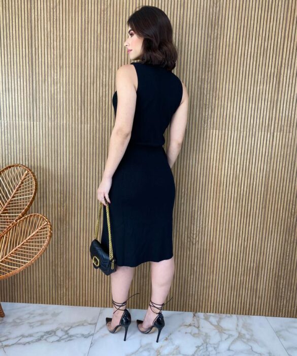 Vestido Feminino Midi Tricot Manu com Gola Preto - Fernanda Ramos Store