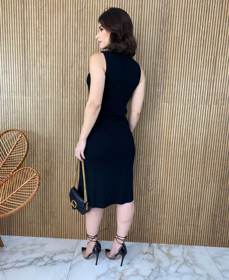 Vestido Feminino Midi Tricot Manu com Gola Preto - Fernanda Ramos Store