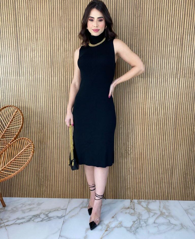 Vestido Feminino Midi Tricot Manu com Gola Preto - Fernanda Ramos Store