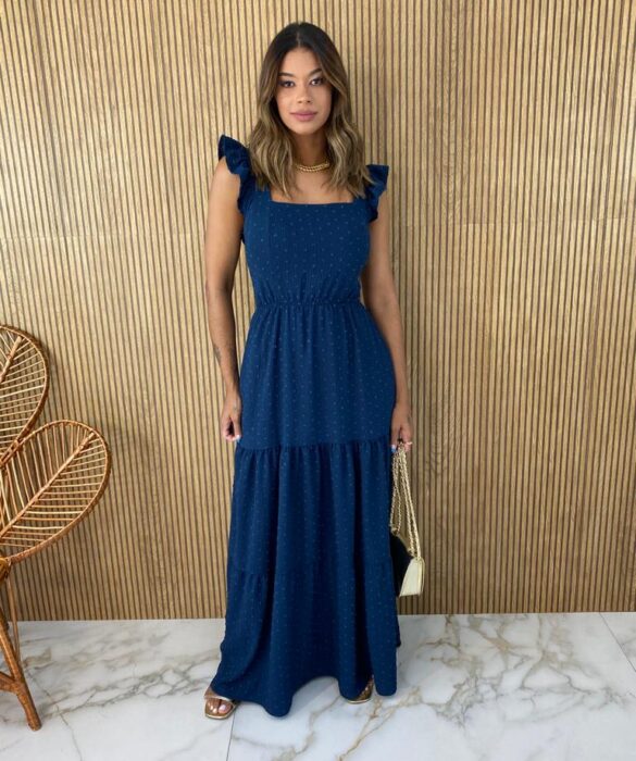 Vestido Longo com Bojo Pipoquinha Azul Petróleo - Fernanda Ramos Store