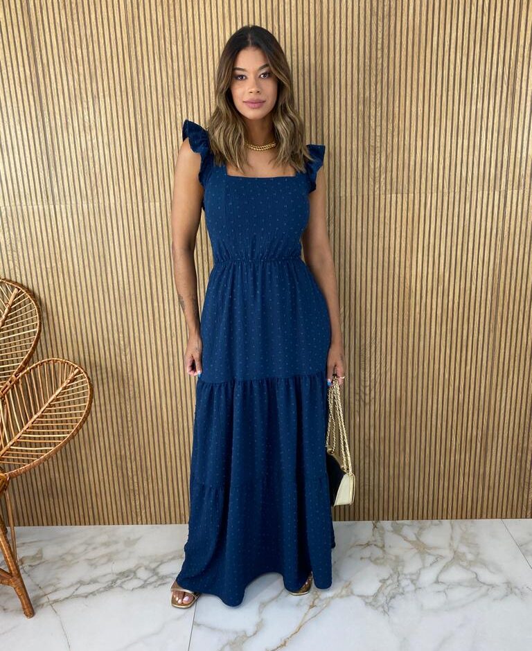 Vestido Longo com Bojo Pipoquinha Azul Petróleo - Fernanda Ramos Store