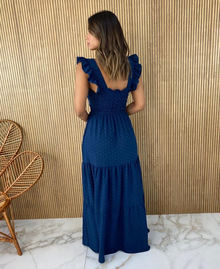 Vestido Longo com Bojo Pipoquinha Azul Petróleo - Fernanda Ramos Store