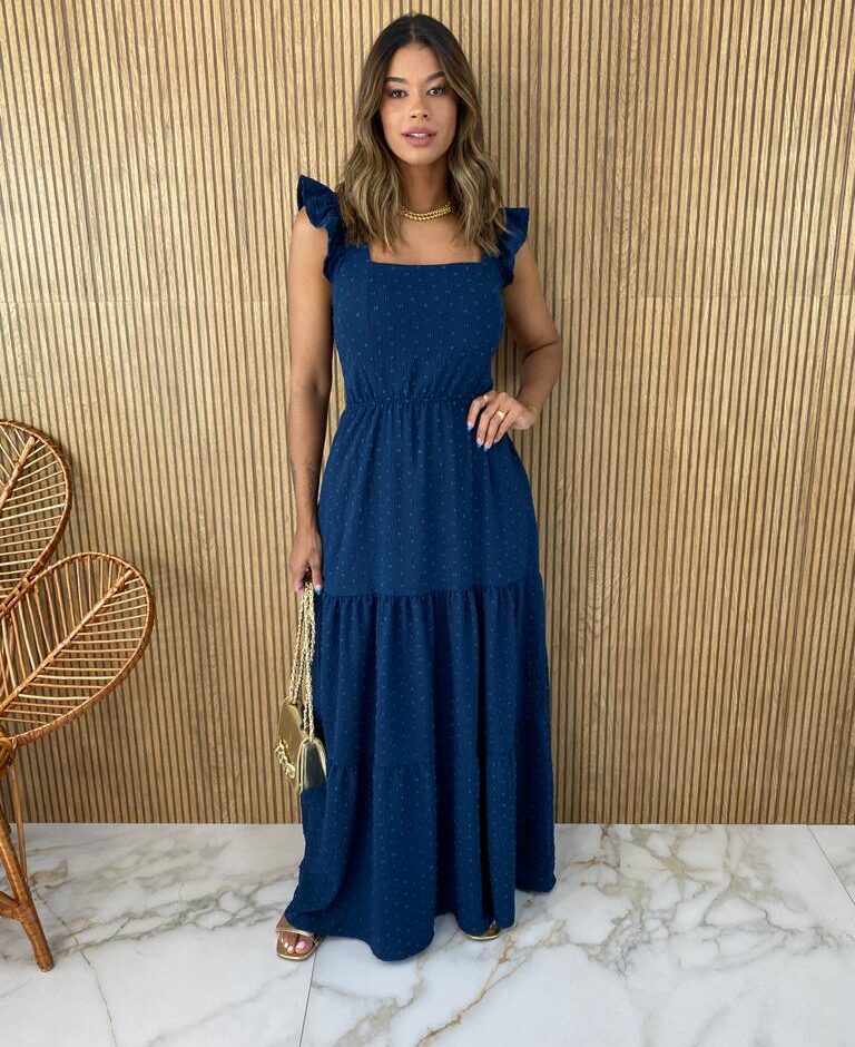 Vestido Longo com Bojo Pipoquinha Azul Petróleo - Fernanda Ramos Store