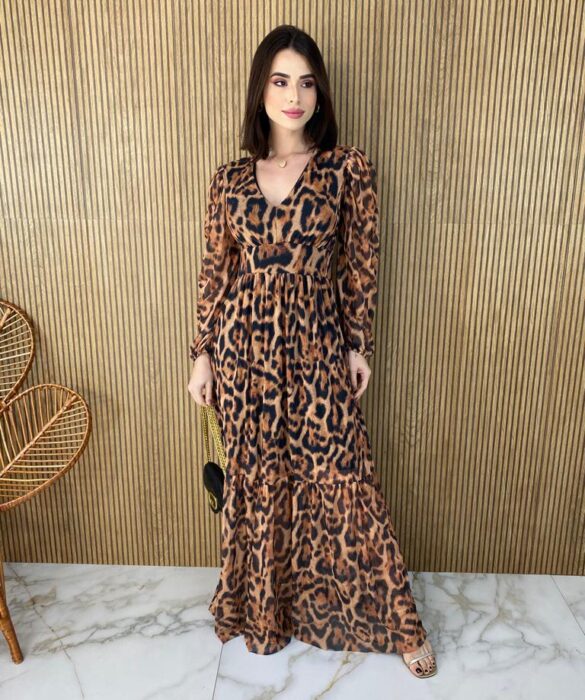 Vestido Longo com Bojo Tule Manga Longa Animal Print - Fernanda Ramos Store