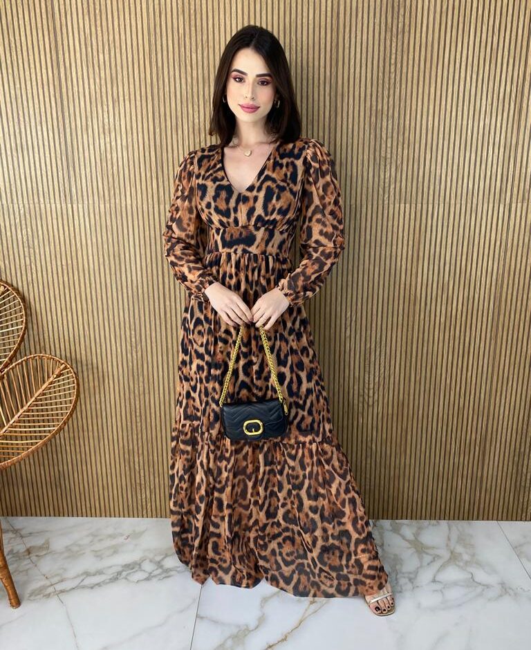Vestido Longo com Bojo Tule Manga Longa Animal Print - Fernanda Ramos Store