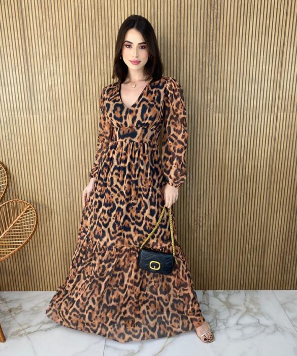 Vestido Longo com Bojo Tule Manga Longa Animal Print - Fernanda Ramos Store