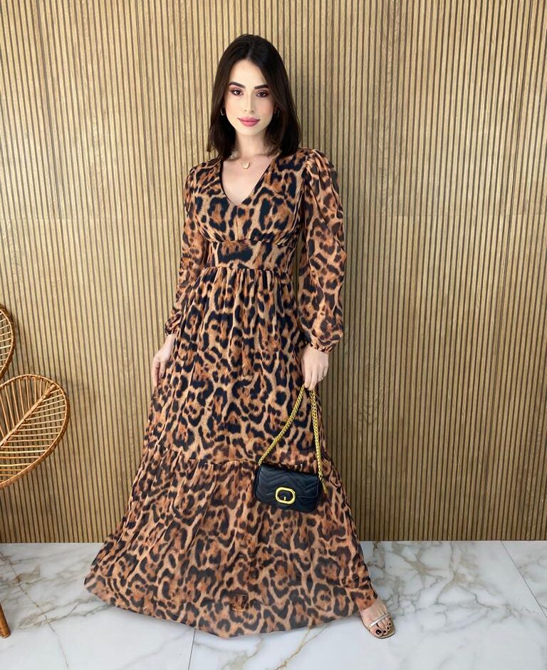 Vestido Longo com Bojo Tule Manga Longa Animal Print - Fernanda Ramos Store