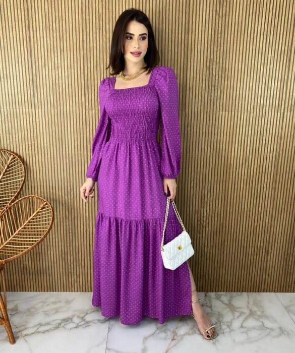 fernandaramosstore com br vestido longo sem bojo manga longa com lastex poa fucsia 1