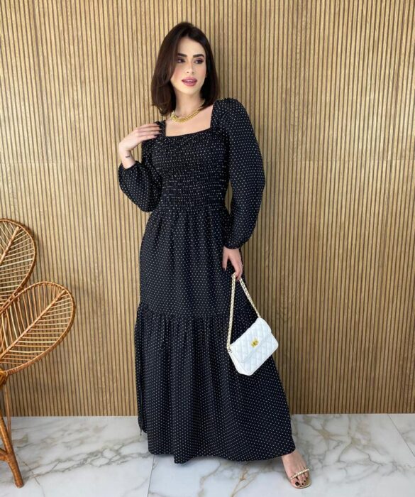 Vestido Longo sem Bojo Manga Longa com Lastex Poá Preto Fernanda Ramos Store