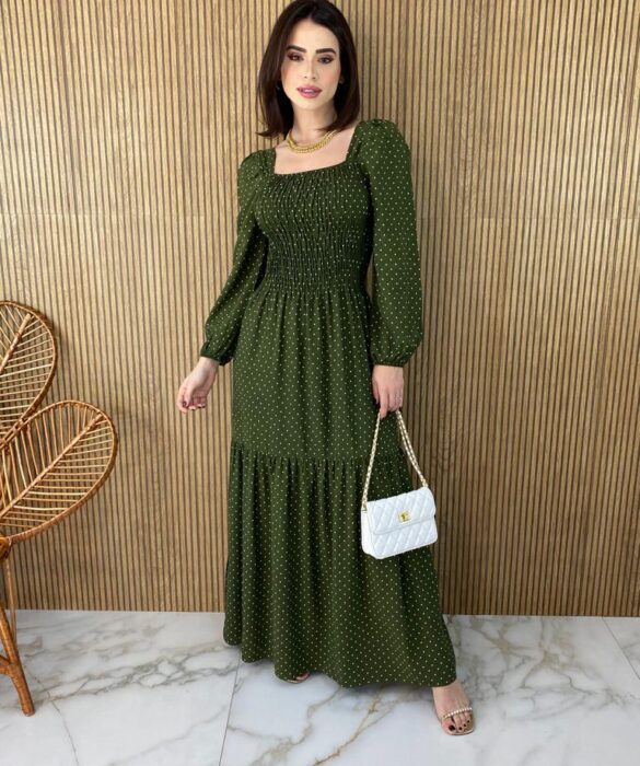 Vestido Longo sem Bojo Manga Longa com Lastex Poá Verde Fernanda Ramos Store