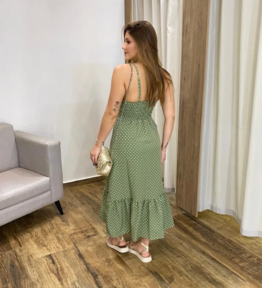 Vestido Midi com Bojo e Botões Alça Regulável Poá Verde - Fernanda Ramos Store