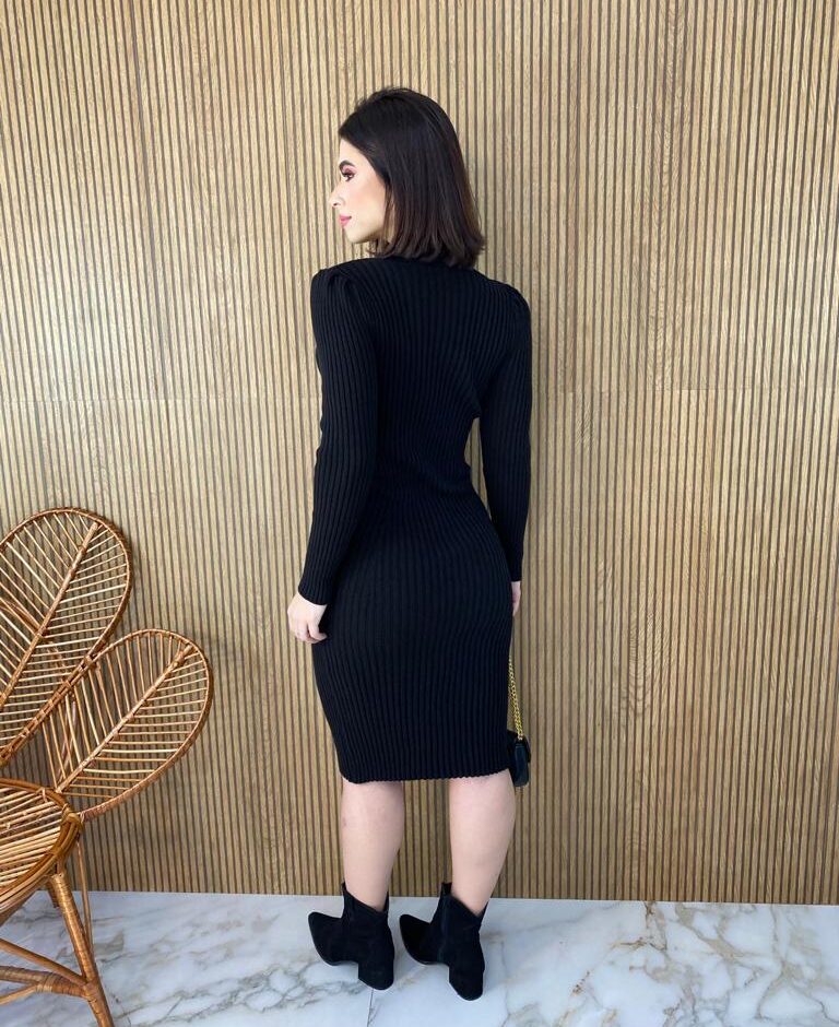 Vestido Midi Tricot Manga Longa Botões nas Mangas Luna Preto - Fernanda Ramos Store