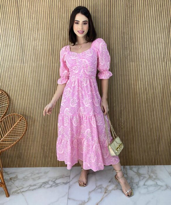 Vestido Midi sem Bojo Manga Princesa Laise Leticia Rosa - Fernanda Ramos Store