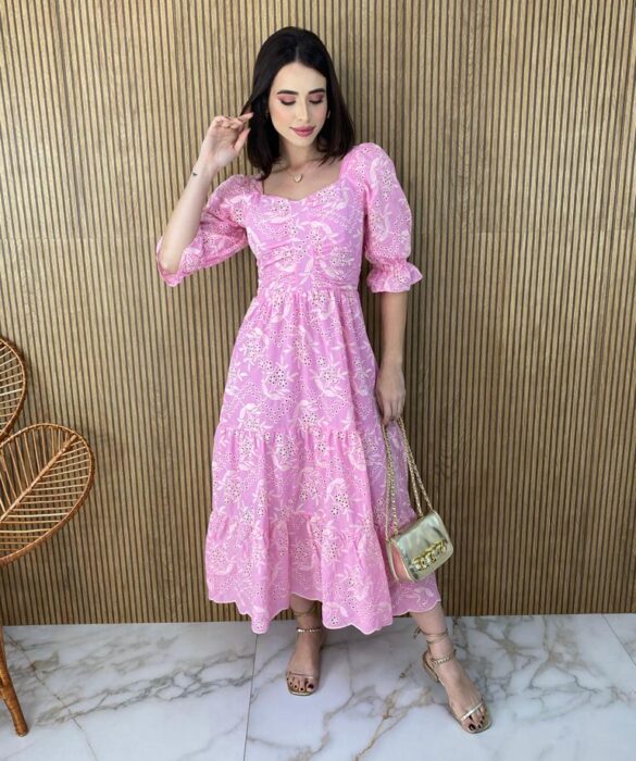 Vestido Midi sem Bojo Manga Princesa Laise Leticia Rosa - Fernanda Ramos Store