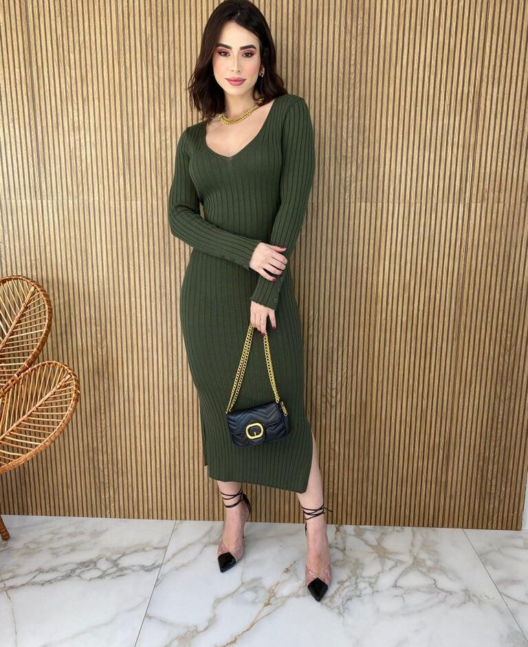 Vestido Midi Tricot Manga Longa Botões nas Mangas Luna Verde - Fernanda Ramos Store