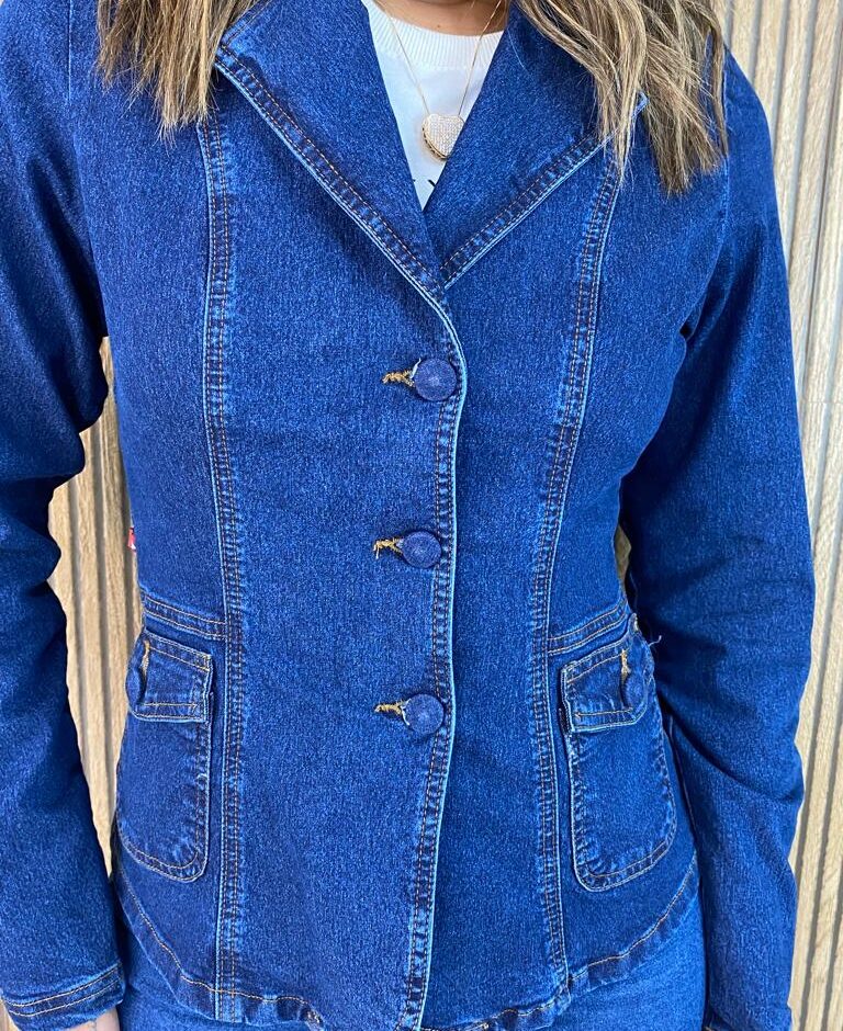 Blazer Manga Longa Feminino Slim com Bolsos Jeans - Fernanda Ramos Store
