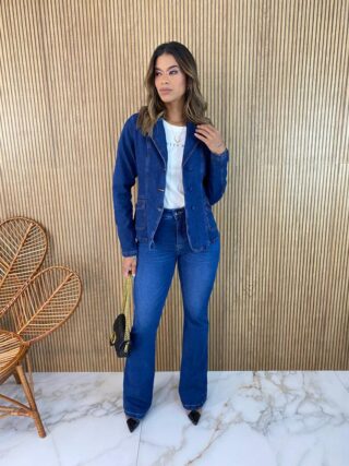 Blazer Manga Longa Feminino Slim com Bolsos Jeans - Fernanda Ramos Store