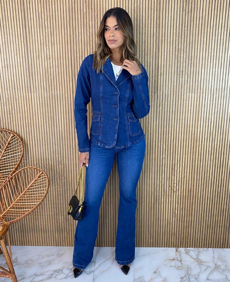 Blazer Manga Longa Feminino Slim com Bolsos Jeans - Fernanda Ramos Store