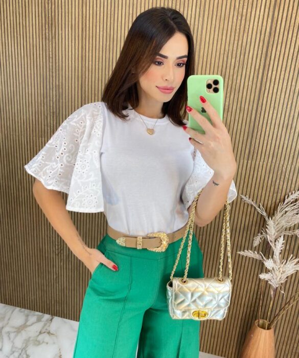 Blusa Feminina com Manga em Laise Branca - Fernanda Ramos Store