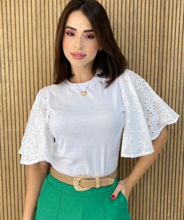 Blusa Feminina com Manga em Laise Branca - Fernanda Ramos Store