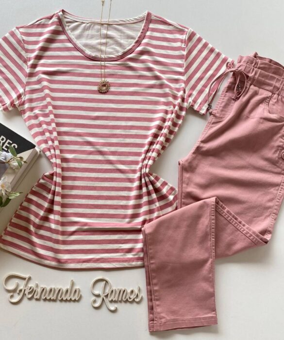 Blusa Feminina Manga Curta de Malha Listrada Rosa - Fernanda Ramos Store