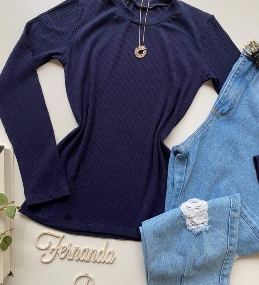 Blusa Feminina Manga Longa Canelada Amanda Azul Marinho - Fernanda Ramos Store