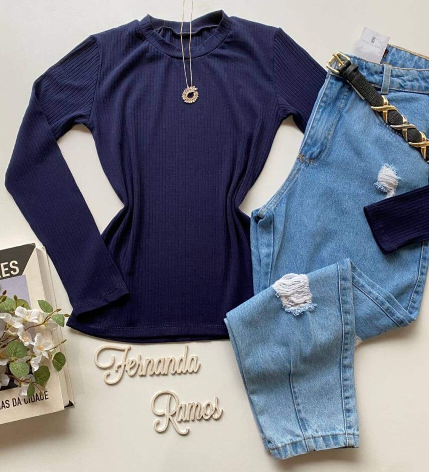 Blusa Feminina Manga Longa Canelada Amanda Azul Marinho - Fernanda Ramos Store