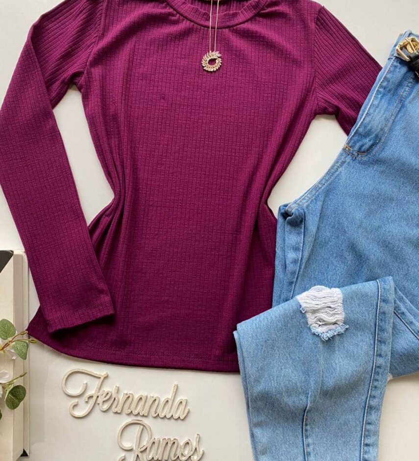 Blusa Feminina Manga Longa Canelada Amanda Fúcsia - Fernanda Ramos Store