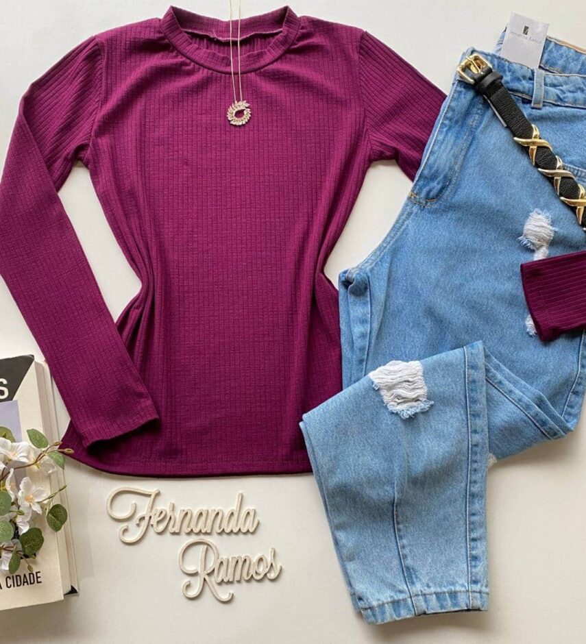 Blusa Feminina Manga Longa Canelada Amanda Fúcsia - Fernanda Ramos Store