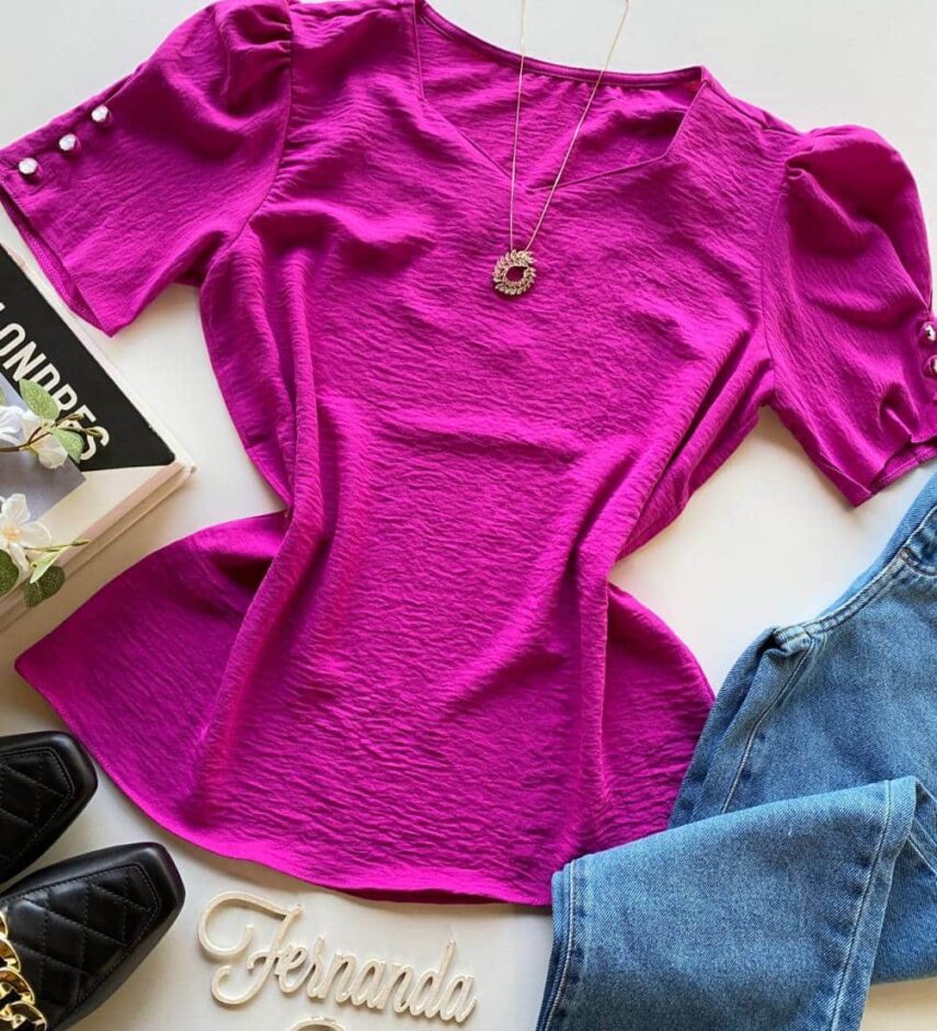 Blusa Feminina Manga Princesa com Botões Fúcsia - Fernanda Ramos Store