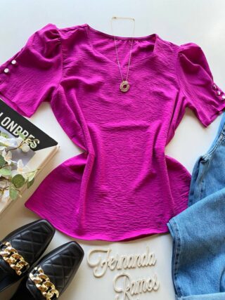 Blusa Feminina Manga Princesa com Botões Fúcsia - Fernanda Ramos Store