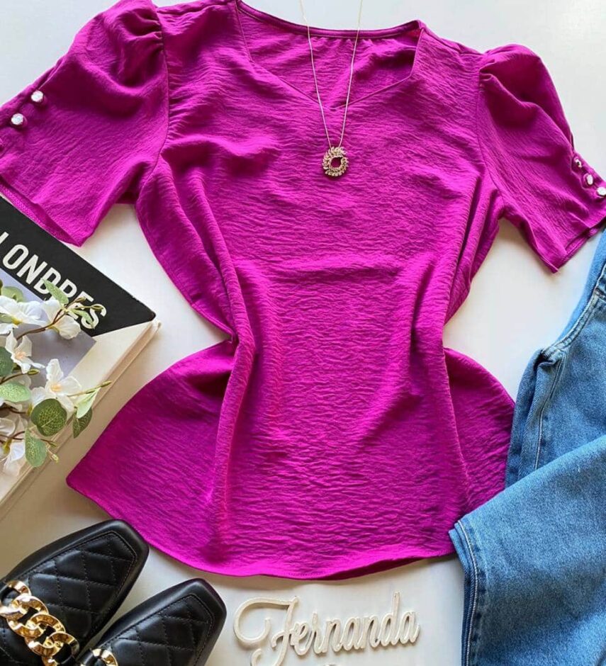 Blusa Feminina Manga Princesa com Botões Fúcsia - Fernanda Ramos Store