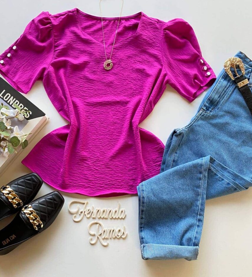 Blusa Feminina Manga Princesa com Botões Fúcsia - Fernanda Ramos Store