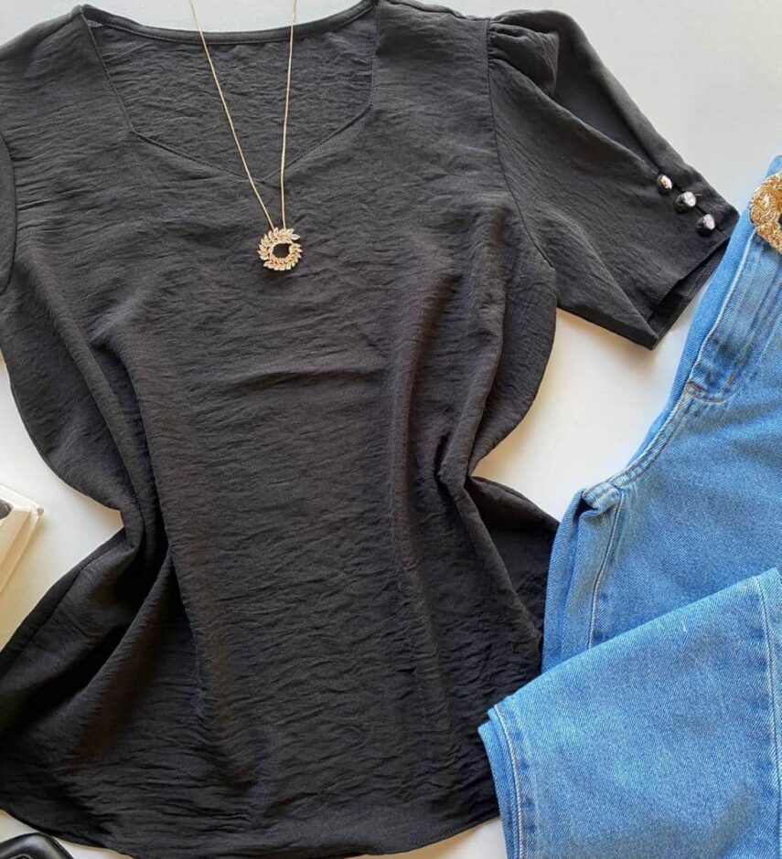 Blusa Feminina Manga Princesa com Botões Preta - Fernanda Ramos Store