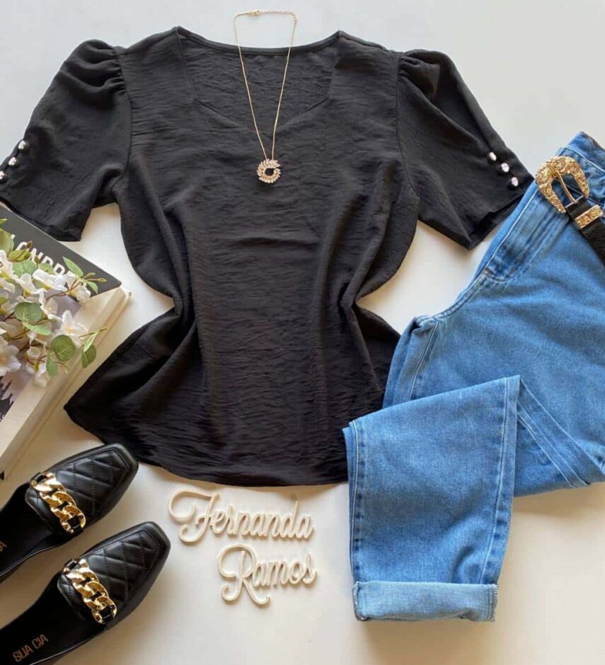Blusa Feminina Manga Princesa com Botões Preta - Fernanda Ramos Store
