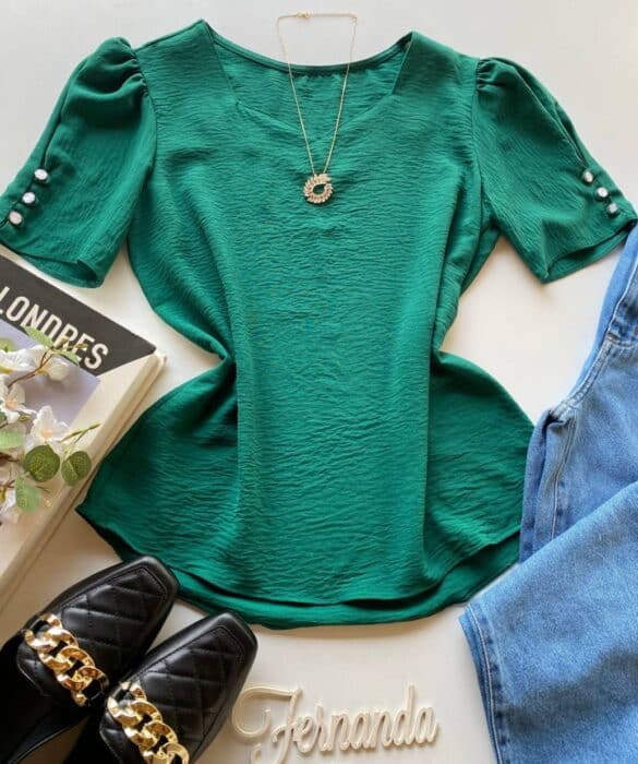 Blusa Feminina Manga Princesa com Botões Verde - Fernanda Ramos Store