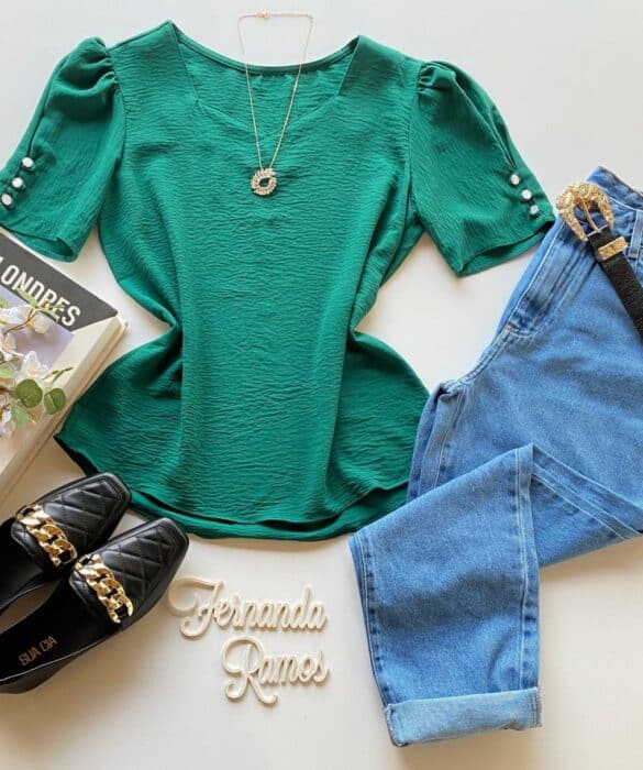 Blusa Feminina Manga Princesa com Botões Verde - Fernanda Ramos Store