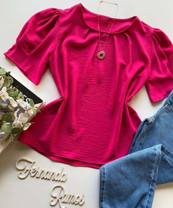 Blusa Feminina Manga Princesa com Pregas Pink - Fernanda Ramos Store