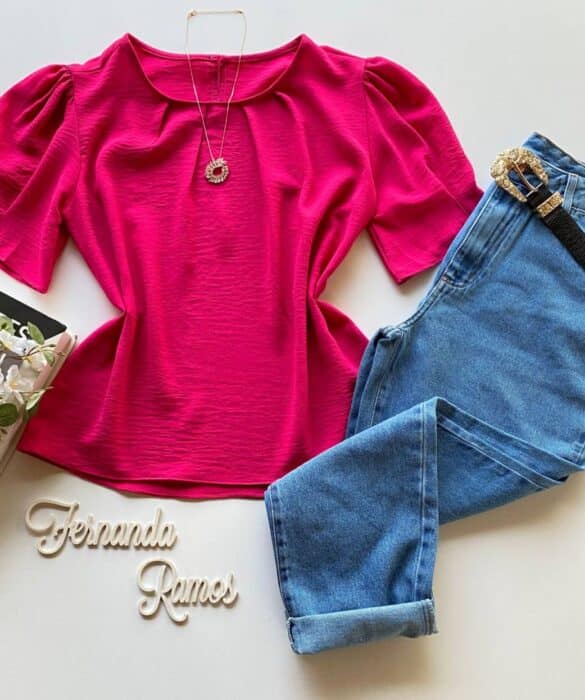 Blusa Feminina Manga Princesa com Pregas Pink - Fernanda Ramos Store