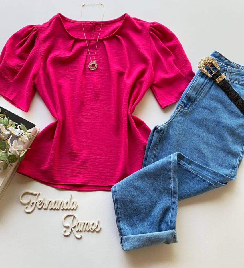 Blusa Feminina Manga Princesa com Pregas Pink - Fernanda Ramos Store