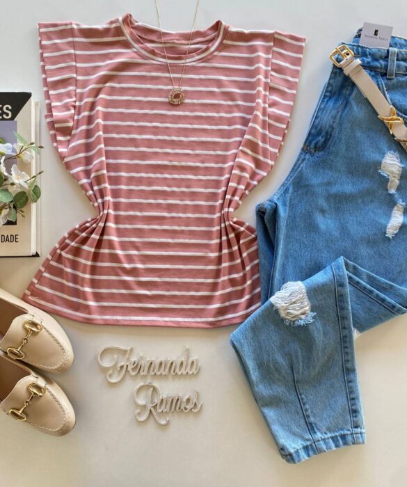 Blusa Julia Feminina Tee Muscle Listrada Rose - Fernanda Ramos Store