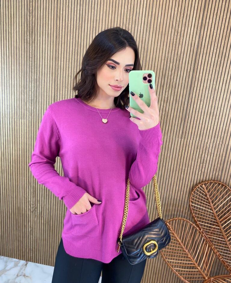 Blusa Manga Longa Feminina Modal com Bolsos Fúcsia Fernanda Ramos Store