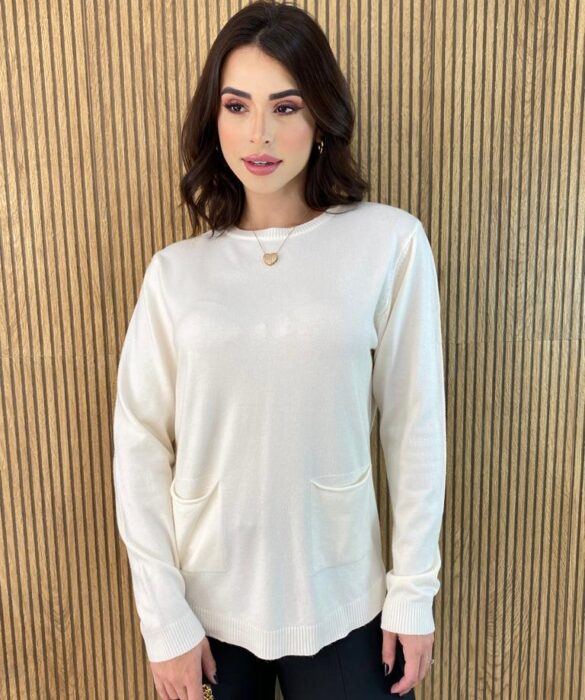 Blusa Manga Longa Feminina Modal com Bolsos Off White Fernanda Ramos Store