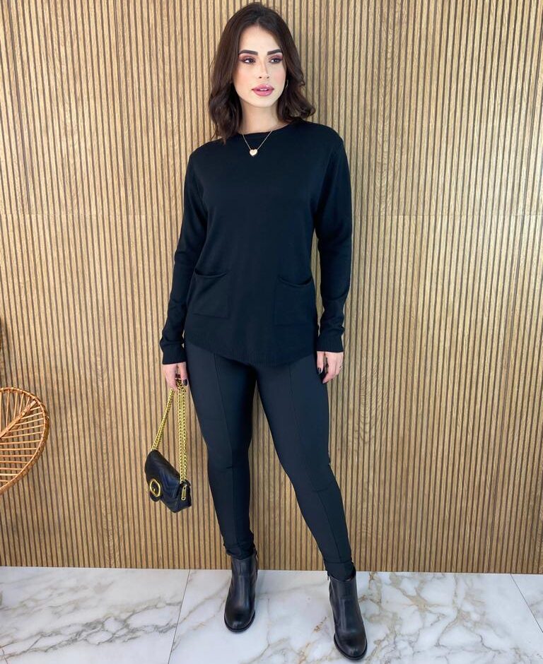 Blusa Manga Longa Feminina Modal com Bolsos Preta - Fernanda Ramos Store