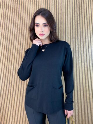 Blusa Manga Longa Feminina Modal com Bolsos Preta Fernanda Ramos Store