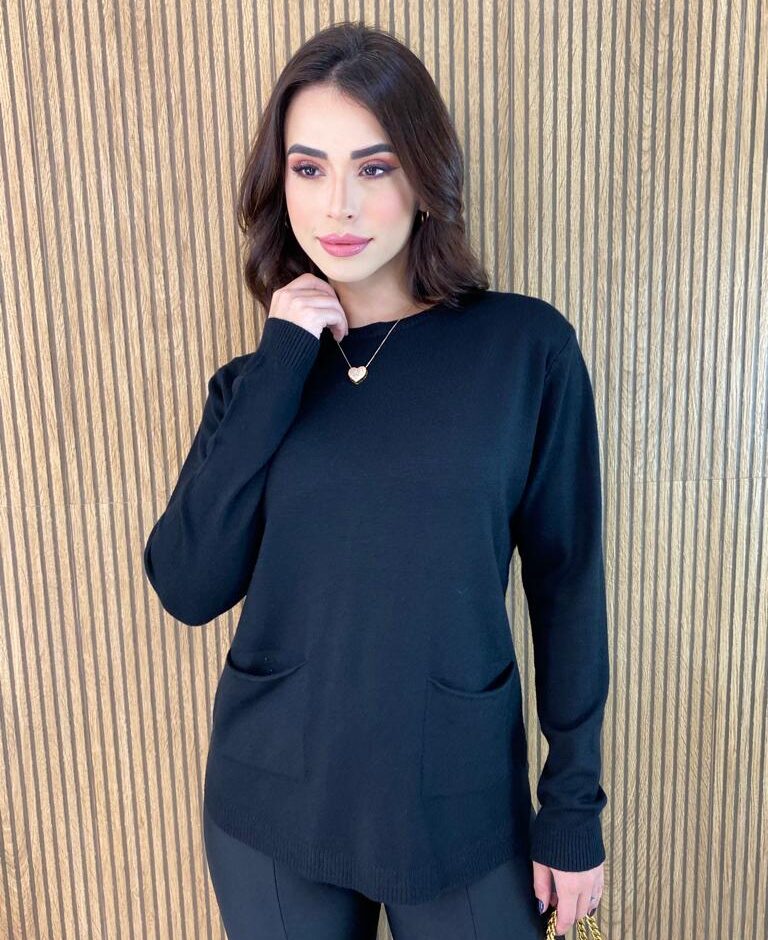 Blusa Manga Longa Feminina Modal com Bolsos Preta - Fernanda Ramos Store