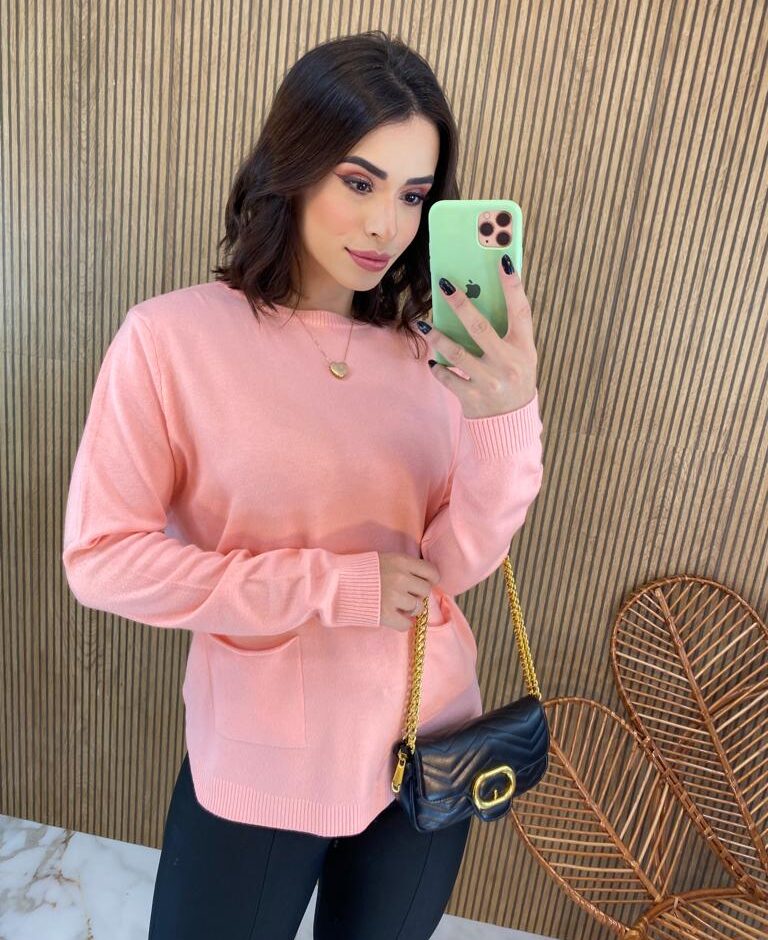 Blusa Manga Longa Feminina Modal com Bolsos Rosa Bebe - Fernanda Ramos Store
