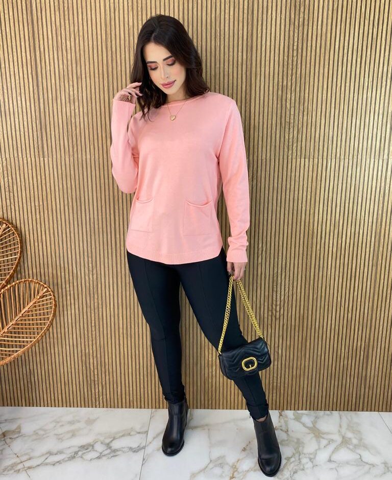Blusa Manga Longa Feminina Modal com Bolsos Rosa Bebe - Fernanda Ramos Store